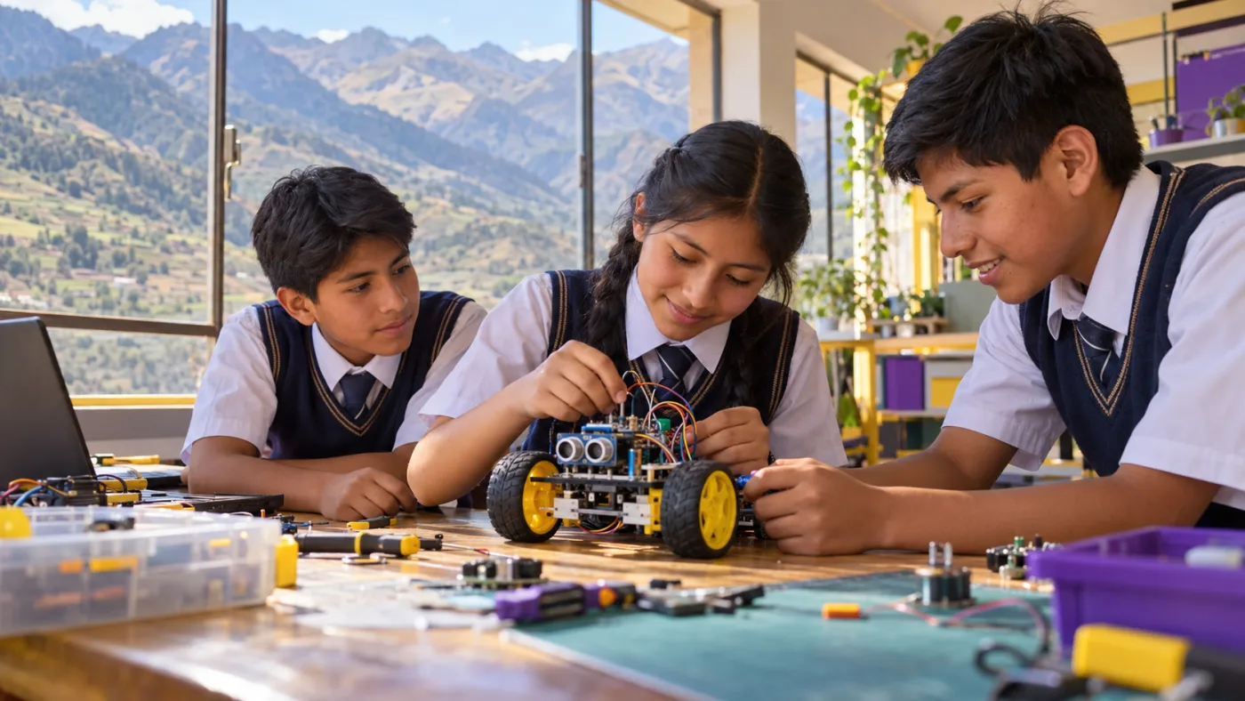 Tres estudiantes con uniforme escolar ensamblan un robot con ruedas amarillas y sensor ultrasónico, frente a una ventana con montañas andinas.